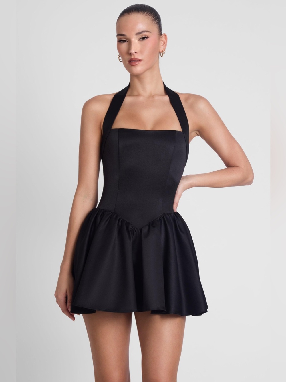 LEAU Hyades Halter Corset Mini Dress Black Satin NWT Size S Babydoll $155